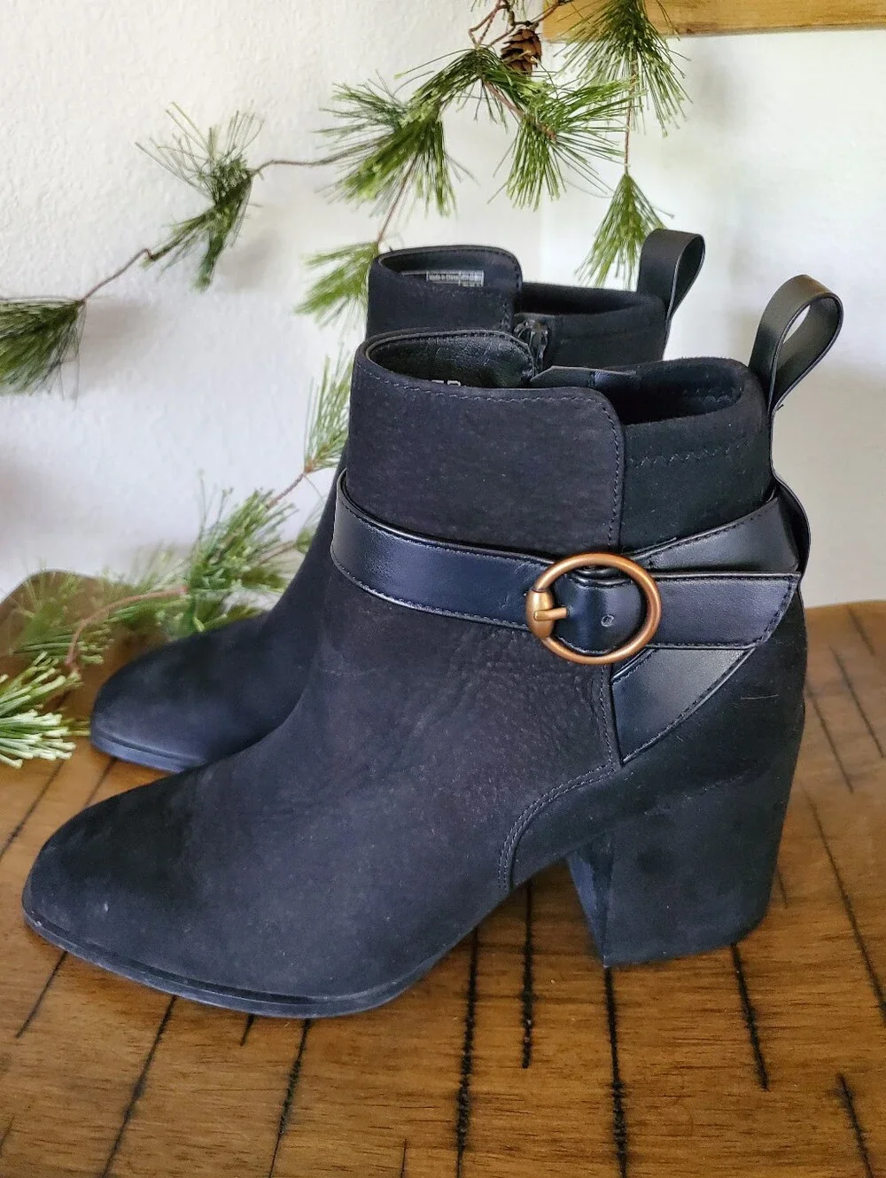 Vionic Tenley Square Toe Black Suede Ankle Booties Strap Buckle